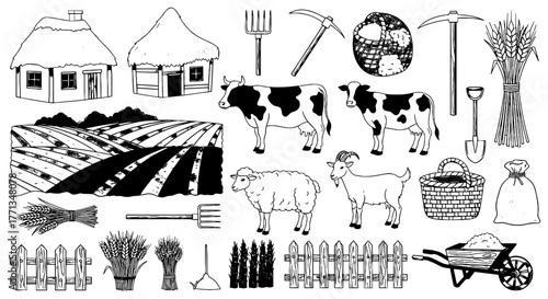Rustic Farm Scene Illustration: Vintage Farming Village Depiction Featuring Farmhouses, Livestock and Harvest in Rural Landscape for Agricultural Business Marketing and Educational Presentations(Black