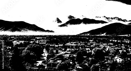 Aerial View of Alpine Town with Mountain Backdrop Under Cloudy Sky: Scenic Landscape, European Scenery, Traditional Architecture, Residential Area, Peaceful Environment, Rural Setting, Travel Destinat