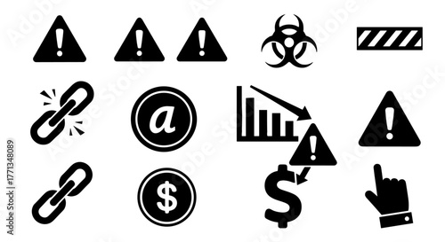 Essential Alert Icons for Business Risk and Safety Communication in Modern Digital Designs and Presentations: Conceptual Symbols Representing Security, Caution, and Attention to Detail in Technology a