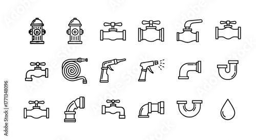 Plumbing Fixtures and Waterworks Line Art: Depicting Essential Water Management Equipment for Industrial Applications, Showcasing Taps, Valves, Hoses, and Sprayers in a Clean, Minimalist Outline Style