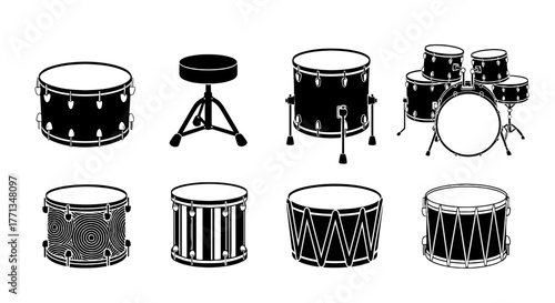 Detailed Drum Set Illustrations: Musical Instruments for Percussion Performance in a Band, Orchestra, or Solo Act - Artistic Line Drawings for Music Education, Concert Posters, and Modern Graphic Desi