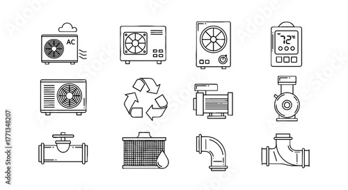 HVAC System Components Outline Illustration: Air Conditioning, Cooling, Heating, Ventilation, Plumbing, and Water Systems for Engineering, Construction, or Repair Designs with a Modern, Technical Styl