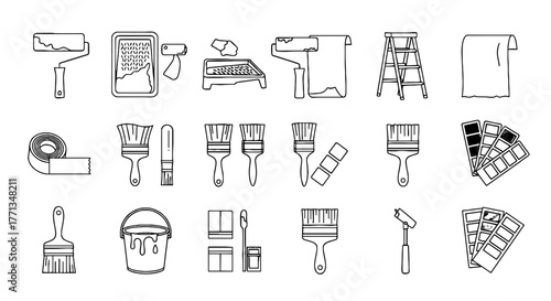 House Painting Tools and Supplies Preparation for Interior Design Project, Renovating Apartment with Paintbrushes, Rollers and Color Swatches for Home Improvement, Line Art Style Illustration (196/200