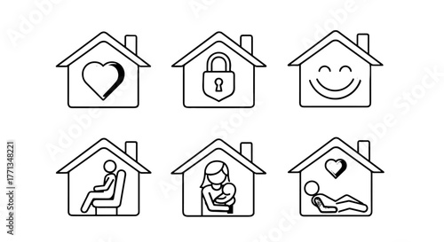 Stay Home Illustration Concepts: Family, Security, Happiness, Relaxation, Work, Motherhood Icons Representing Shelter-in-Place, Quarantine and Safety During Pandemic, Line Art Graphic Resource for Hea