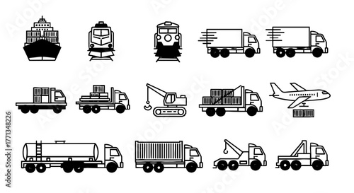 Diverse Transport Modes Icon Set: Shipping Logistics & Freight Delivery Vector Graphics Depicting Global Commerce in a Modern Style for Presentations, Websites, & Marketing Materials Illustrating Indu