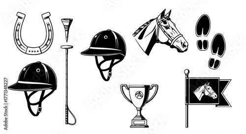Equestrian Sports Equipment and Horse Racing Elements Vector Illustration: Ideal for Racing Events, Clubs, and Training Programs, Featuring Horseshoes, Helmets, and a Trophy in Traditional Black and W
