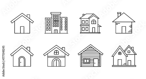 Line Art House Icons Collection Representing Real Estate and Home Ownership, Depicting Various Building Styles and Architecture for Property Development, Housing Market Concepts, Modern Design Present