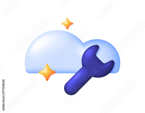 illustration of a cloud with a wrench symbol. Cloud server repair concept. Cloud storage under maintenance and repair. Technology maintenance. 3D style design. White background.