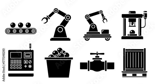 Automated Manufacturing Process Icons Depicting Industrial Robotics, Production Line, Control Panel, Valves & Container for Modern Business Presentations & Technology Websites (Black and White, Minima