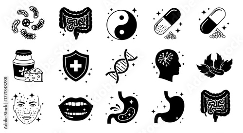 Microbiome Health Icons Set Illustrating Gut Brain Axis, Immunity, Digestion, Wellness & Mental Balance for Healthcare, Pharmaceutical & Nutrition Marketing, Presentations, Education, Medical Websites