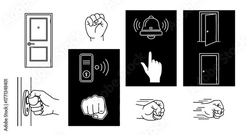 Doorway Access Methods Illustration Set: Ringing Doorbell, Knocking, Using Smart Entry System  - Demonstrating Home Entry, Security and Access Solutions for Modern Living,  Architectural Plans & Techn