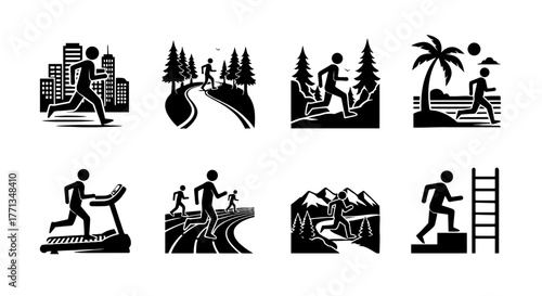 Diverse Running Environments: Silhouette Stick Figures Running in Cityscape, Forest Trails, Mountains, Beach, Treadmill, Track, Stairs - Fitness, Health, Outdoor Activity Icons for Sport, Wellness, an