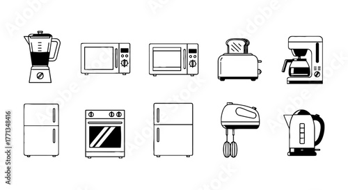 Diverse Kitchen Appliances Lineup: Preparing Modern Meals, Designing Contemporary Cooking Spaces, and Illustrating Culinary Concepts with White Background, Featuring Microwaves, Refrigerators, and Ble