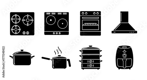 Kitchen Appliances & Cookware Icons Set: Cooking, Baking, Steaming & Frying at Home for Culinary Arts, Restaurant Industry, Recipe Illustrations & Modern Living; Black Silhouette Style for Presentatio
