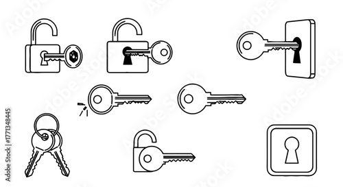 Keys and Locks Outlines: Security, Protection, and Access in a Minimalist Design for Business, Technology, and Home Safety, Illustrating Concepts of Privacy and Control in Modern Applications for Pres