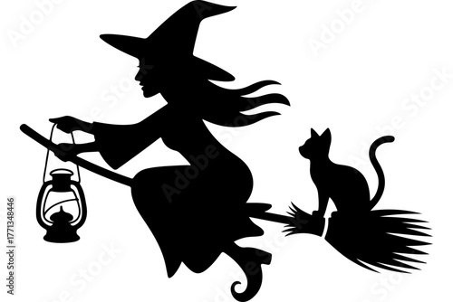 Witch flying on a broomstick with a lantern and a cat
