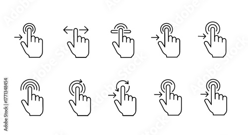 Touchscreen Gestures Icons Collection: User Interface Navigation for Mobile Devices and Interactive Displays, Demonstrating Swipe, Tap, and Rotate Functions for Technology Presentations and UI/UX Desi