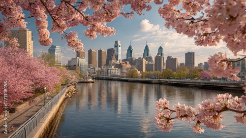 Philadelphia skyline with cherry blossoms in full bloom along the schuylkill river