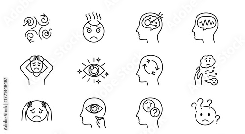 Mental Health Awareness Illustration: Exploring Psychological Wellness, Emotional Distress & Cognitive Functioning - Line Art Graphics for Healthcare, Education, & Wellbeing Content (Head Icons, Confu
