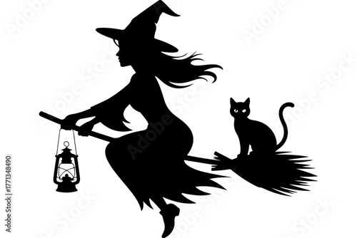 Witch flying on a broomstick with a lantern and a cat