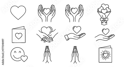 Collection of Line Art Illustrations Featuring Heart Symbols Representing Love, Care, and Kindness, for Valentine's Day Designs and Social Awareness Campaigns, Ideal for Healthcare, Charity, and Relat