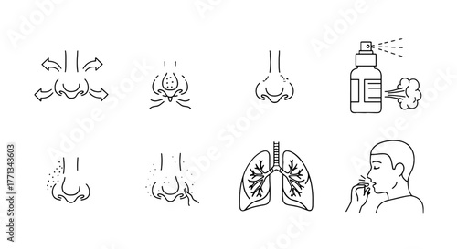Illustrative Black and White Respiratory Health Icons Depicting Nasal Passages and Lung Function, Demonstrating Conditions, Treatments, and Hygiene Practices for Medical Education and Healthcare Adver