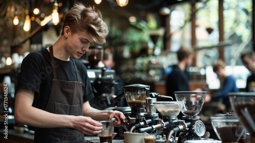Barista Skillfully Pours Latte Art in a Cozy Cafe, Serving Delightful Specialty Coffee with Passion