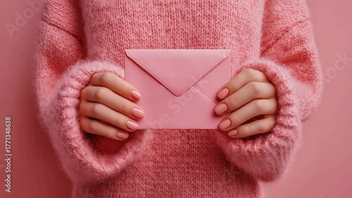 Pink envelope mail message letter hands sweater manicure pastel color communication correspondence send receive