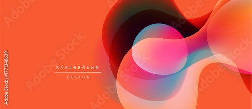 Abstract fluid shapes overlap, creating vibrant color gradients. Orange background complements flowing design elements. Modern aesthetic.