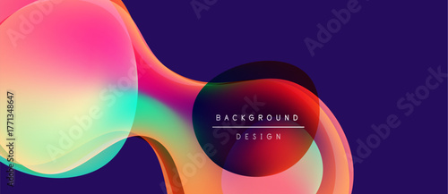Abstract fluid shapes overlap, creating vibrant color gradients. Purple background complements pinks, blues, yellows. Modern design element.