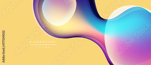 Abstract fluid shapes overlap, creating vibrant color gradients. Soft yellow background complements flowing design elements. Modern, dynamic composition.