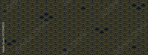 Japanese scale pattern wallpaper featuring golden waves on dark backdrop. Repeating arcs, curves, semicircles form fish scale texture. Vector seamless Asian design