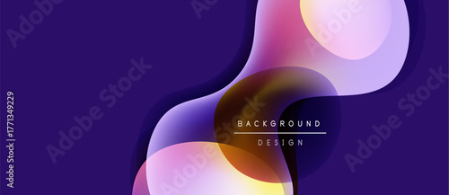 Abstract fluid shapes overlap, creating vibrant color gradients. Dark purple background enhances visual depth, modern design aesthetic.