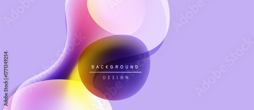 Abstract fluid shapes overlap, creating vibrant color gradients. Soft purple background complements design elements. Modern aesthetic.