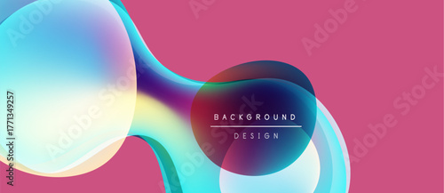 Abstract fluid shapes overlap, creating vibrant color gradients. Pink backdrop complements blue, teal hues. Modern design element.