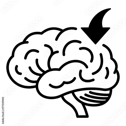 Conceptual brain icon with downward arrow, symbolizing memory decline, low focus, or cognitive regression. Represents mental fatigue or performance drop.