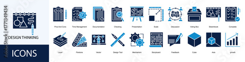 Design Thinking icon collection set. Containing Pros And Cons, Time Management, Documentation, Checking, Presentation icon. Simple line vector