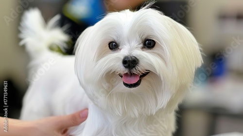 Adorable Fluffy White Maltese Dog Poses Happily for the Photographer with Bright Eyes and Tongue Out