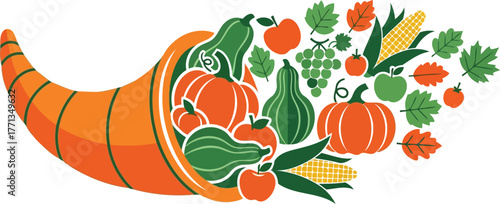 Abundant cornucopia overflowing with autumn harvest vegetables and leaves for thanksgiving vector
