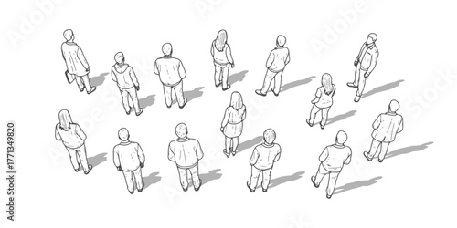 CAD Drawing. Top back view of diverse people standing and walking isolated on white background. Vector illustration.