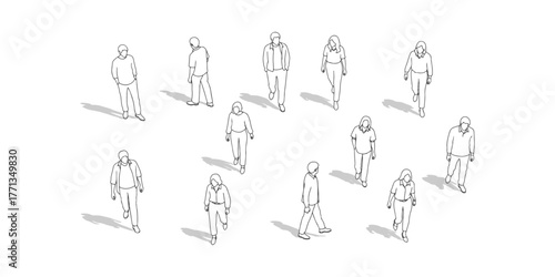 CAD Drawing. Top view of diverse people standing and walking isolated on white background. Vector illustration.
