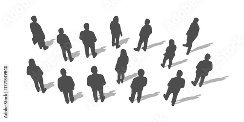 CAD Drawing. Top back view of silhouette diverse people standing and walking isolated on white background. Vector illustration.