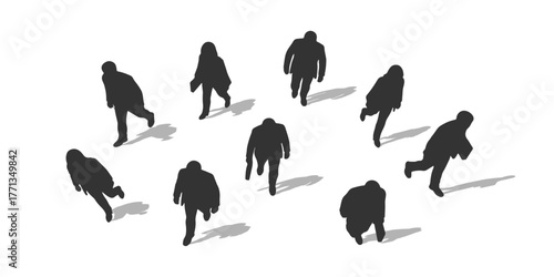 CAD Drawing. Top view of silhouette business people standing and walking isolated on white background. Vector illustration.