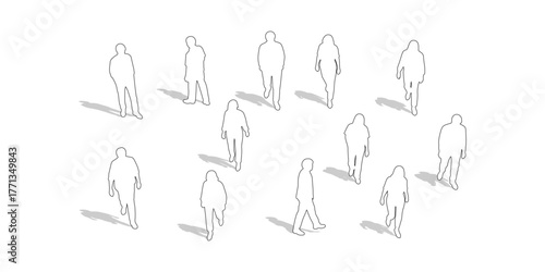 CAD Drawing. Top view of outline diverse people standing and walking isolated on white background. Vector illustration.