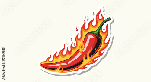 A vibrant red chili pepper engulfed in bright orange and yellow flames illustrates intense heat and spice, presented as a fiery sticker graphic.