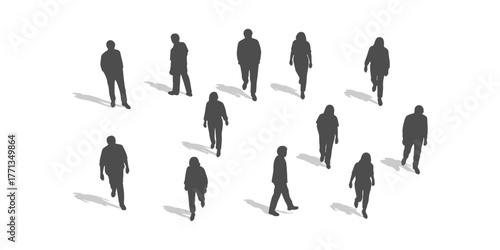 CAD Drawing. Top view of silhouette diverse people standing and walking isolated on white background. Vector illustration.