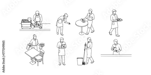 CAD Drawings. Top view of cafe workers in various working poses. making coffee, serving customers, carrying trays, cleaning tables, taking orders, and walking. Vector illustration.