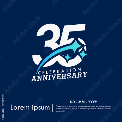 35th years anniversary celebration emblem. anniversary logo with sparkle stars on blue background. vector illustration template design for web banner
