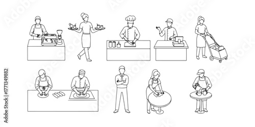 CAD Drawings. Side view of diverse cafe employees performing different tasks isolated on white background. Vector illustration.
