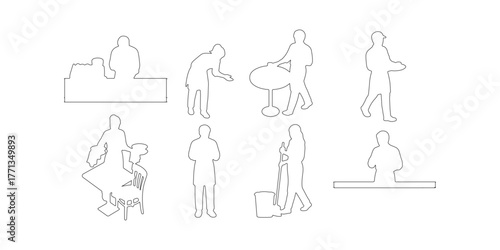 CAD Drawings. Side view of outline cafe workers in various working poses .making coffee, serving customers, carrying trays, cleaning tables, taking orders, and walking. Vector illustration.